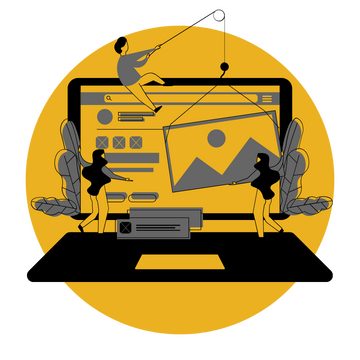 We wireframe your home page or landing page for the AI assistants. Laptop computer with small people building the header section of a website.